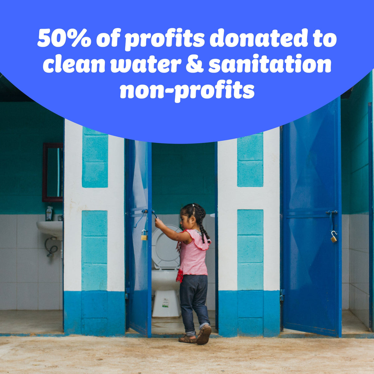 Image of a young child opening door to bathroom cubicle from Who Gives A Crap’s partner Water for People. Who Gives A Crap donates 50% of profits to clean water & sanitation non-profits.