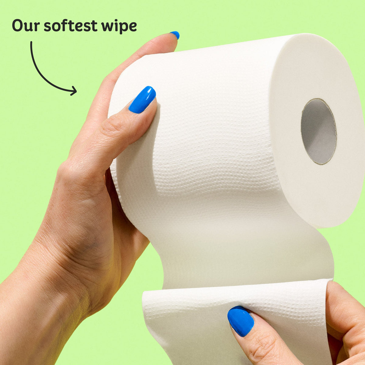 Super soft 3-ply bamboo toilet paper being held. Caption reads ‘Our softest wipe’.