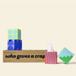 Box of twelve 100% bamboo, 3 ply Who Gives a Crap tissue paper with four colourful boxes sitting on top.