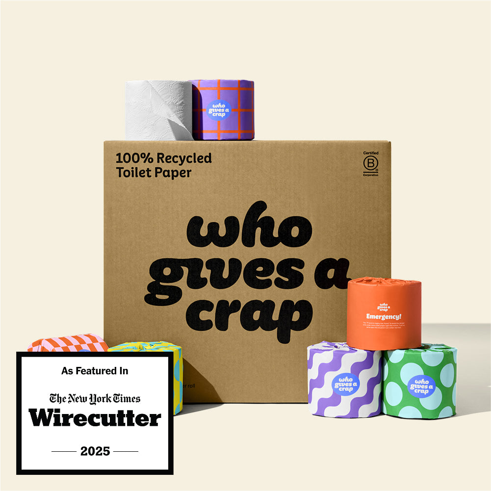 A large box of Who Gives A Crap 100% Recycled Toilet Paper with colorful wrappers - eco-friendly, biodegradable and sustainable toilet paper. Displays a badge stating "As Featured In The New York Times Wirecutter 2025"