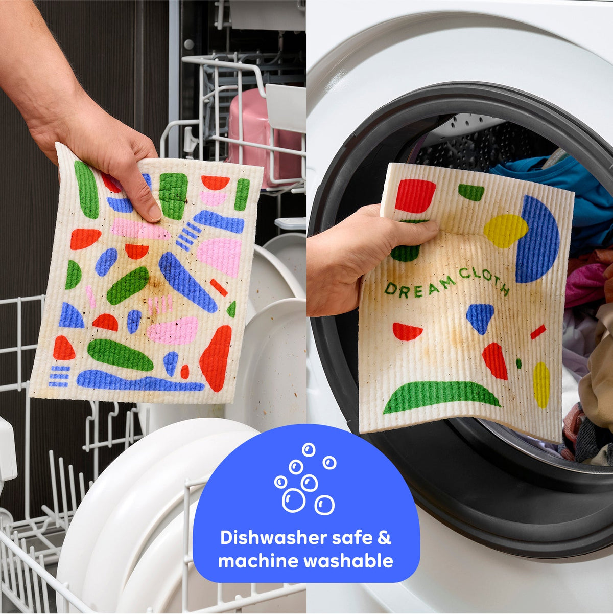 Dirty and soiled Who Gives A Crap Dream Cloths being loaded into a dishwasher and a washing machine to demonstrate that the cloths are reusable and safe for machines.